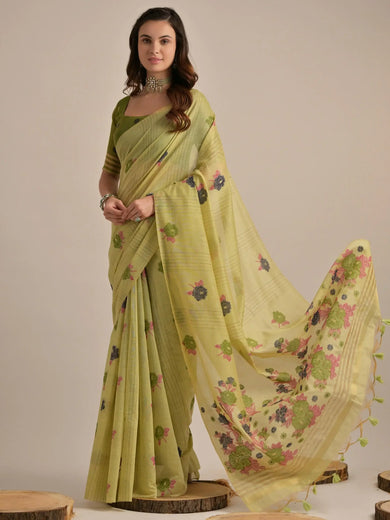 Enchanting Pista Green Floral Weaving Cotton Saree With Blouse